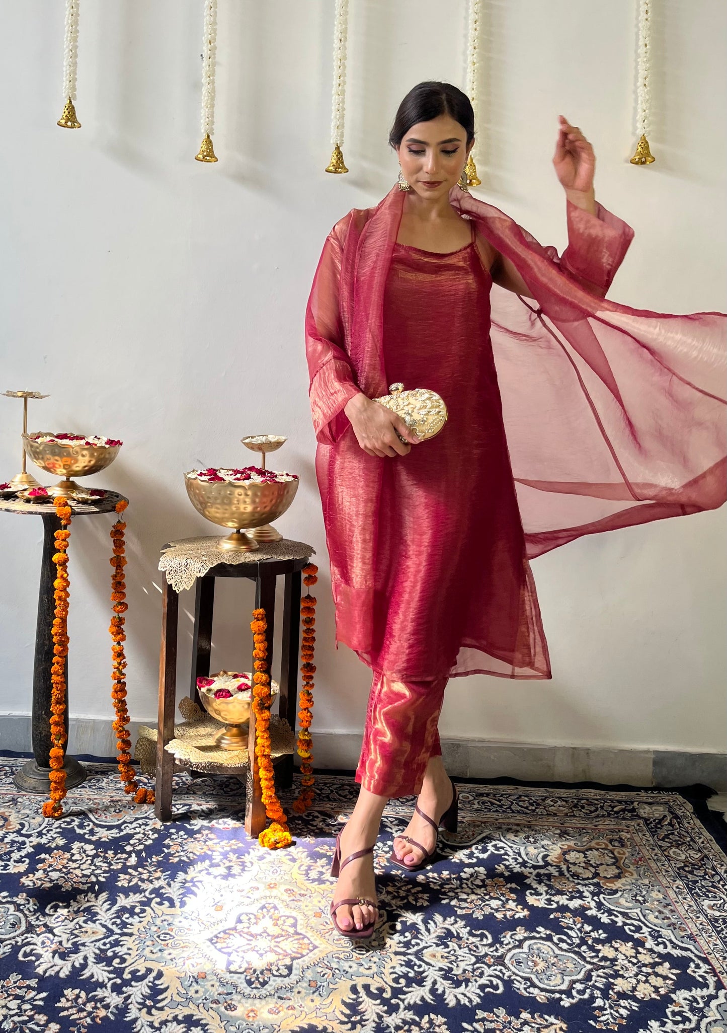 Dhiyona ST 3 Pc Suit Set - Red Metallic Organza Suit Set with Jacket