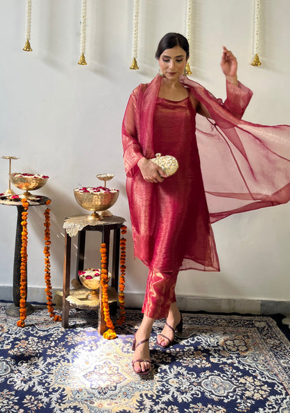 Dhiyona ST 3 Pc Suit Set - Red Metallic Organza Suit Set with Jacket