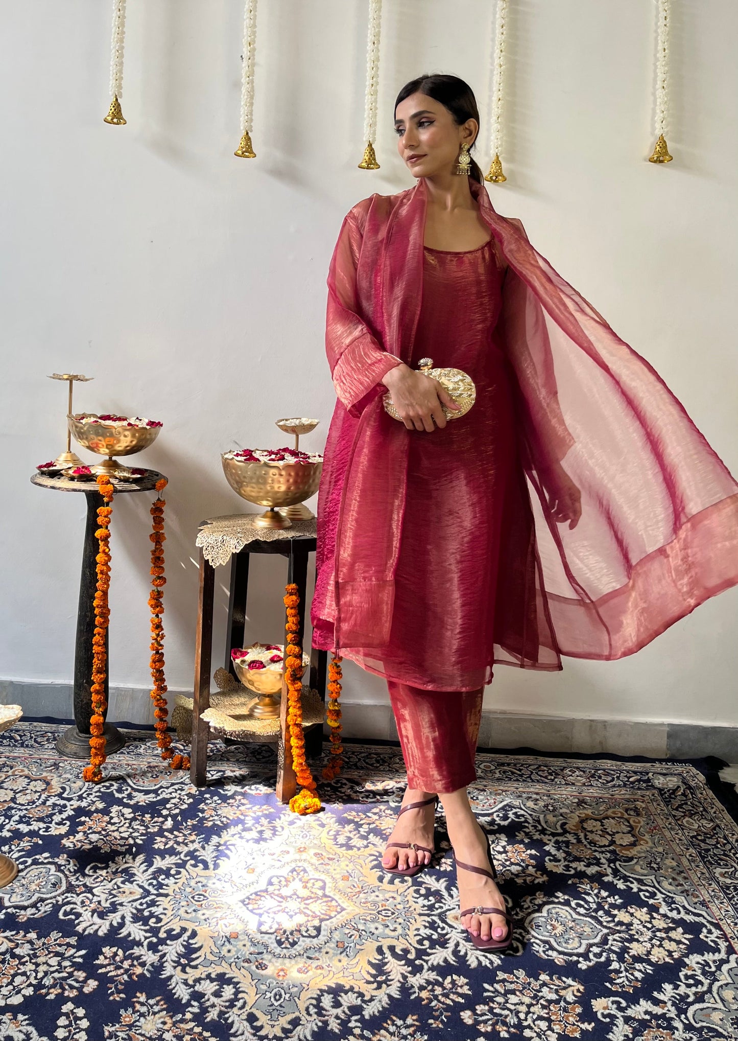 Dhiyona ST 3 Pc Suit Set - Red Metallic Organza Suit Set with Jacket