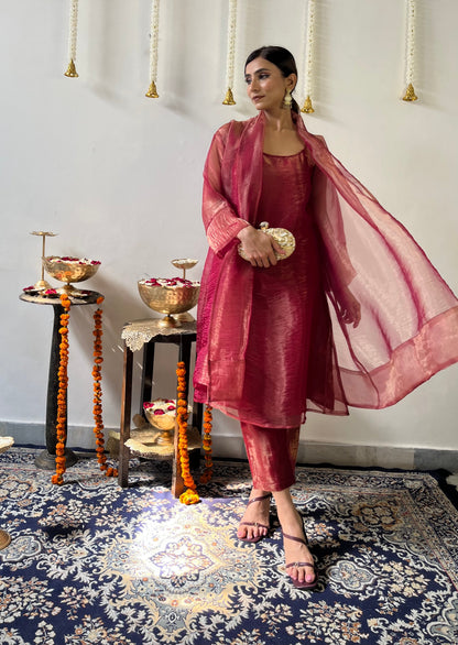 Dhiyona ST 3 Pc Suit Set - Red Metallic Organza Suit Set with Jacket