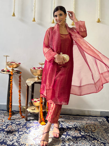 Dhiyona ST 3 Pc Suit Set - Red Metallic Organza Suit Set with Jacket