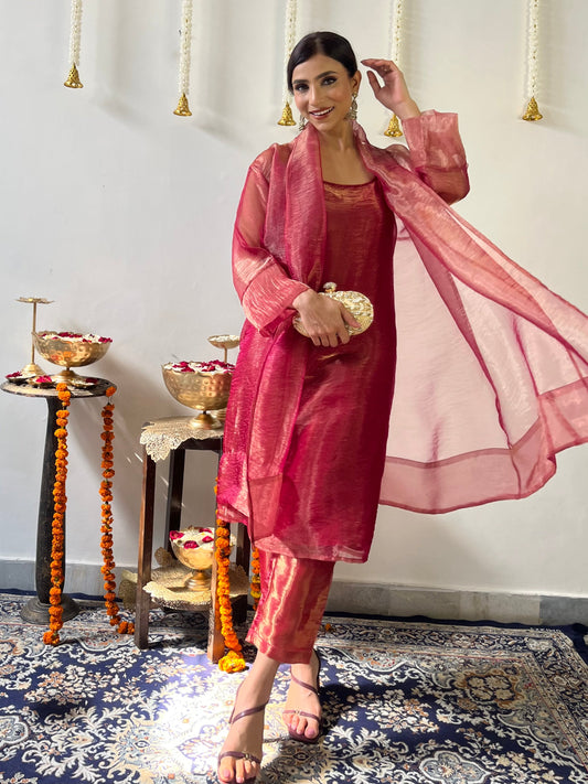 Dhiyona ST 3 Pc Suit Set - Red Metallic Organza Suit Set with Jacket