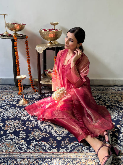 Dhiyona ST 3 Pc Suit Set - Red Metallic Organza Suit Set with Jacket
