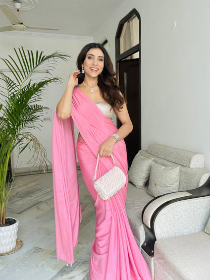 Dhiyona ST Pink Satin Saree with Beaded Detailing & Self Blouse Fabric