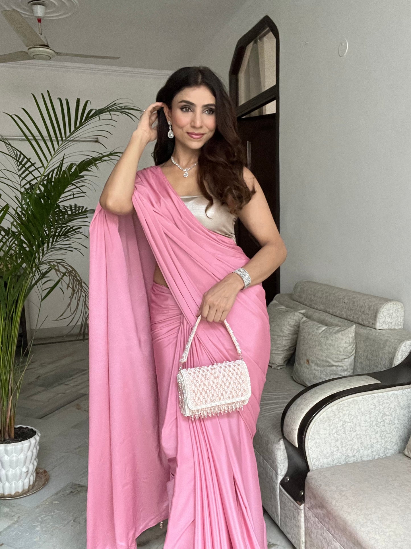 Dhiyona ST Pink Satin Saree with Beaded Detailing & Self Blouse Fabric