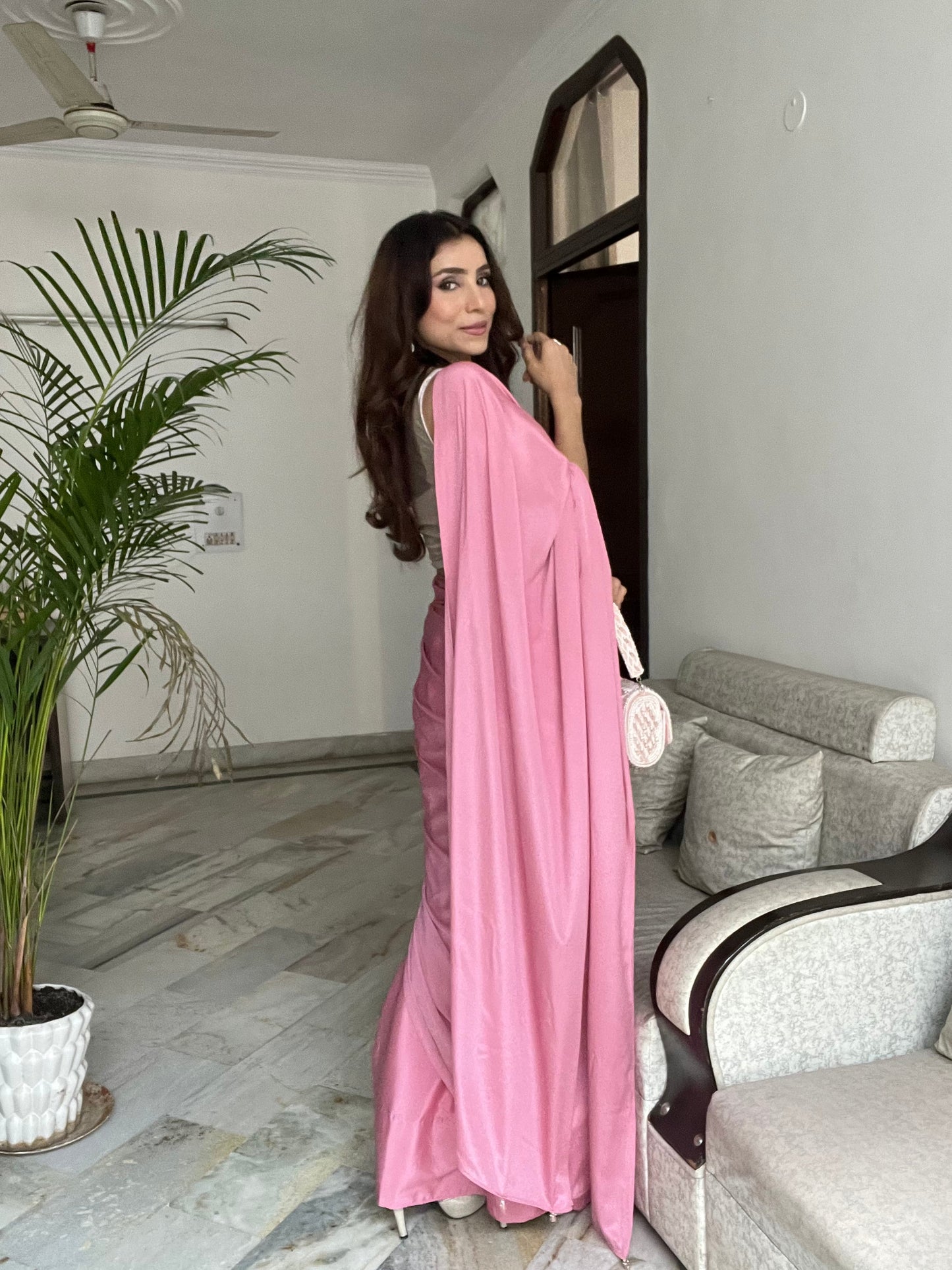 Dhiyona ST Pink Satin Saree with Beaded Detailing & Self Blouse Fabric