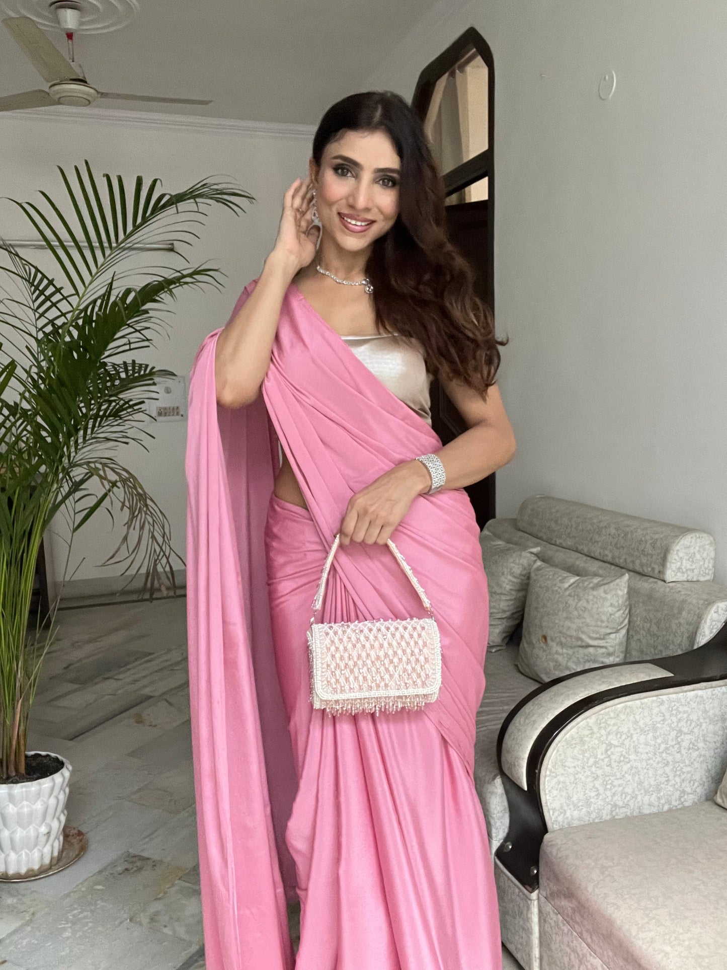 Dhiyona ST Pink Satin Saree with Beaded Detailing & Self Blouse Fabric