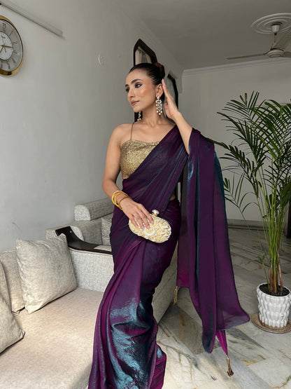 Dhiyona ST Rarity Metallic Satin Saree with Self Blouse Fabric