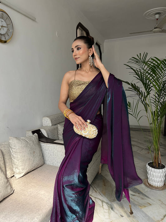 Dhiyona ST Rarity Metallic Satin Saree with Self Blouse Fabric
