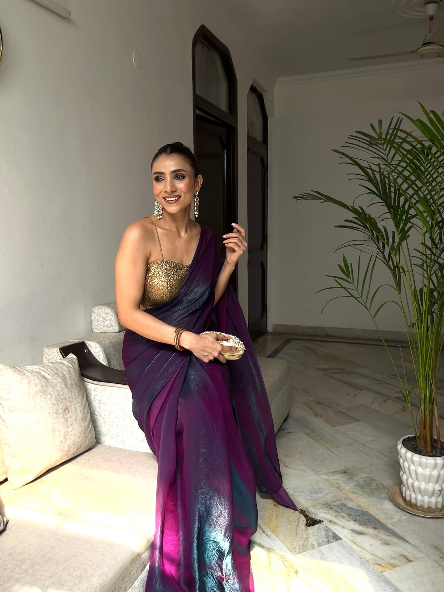 Dhiyona ST Rarity Metallic Satin Saree with Self Blouse Fabric