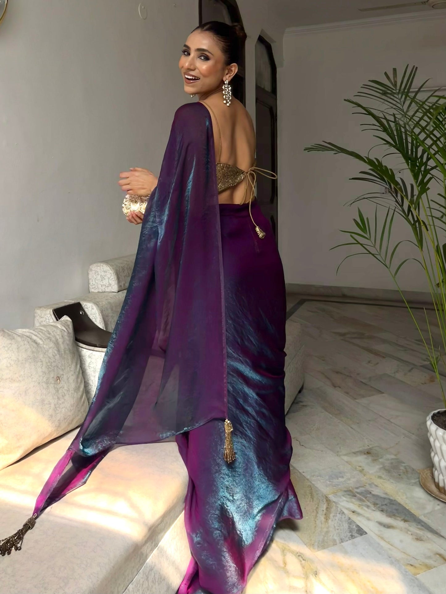 Dhiyona ST Rarity Metallic Satin Saree with Self Blouse Fabric