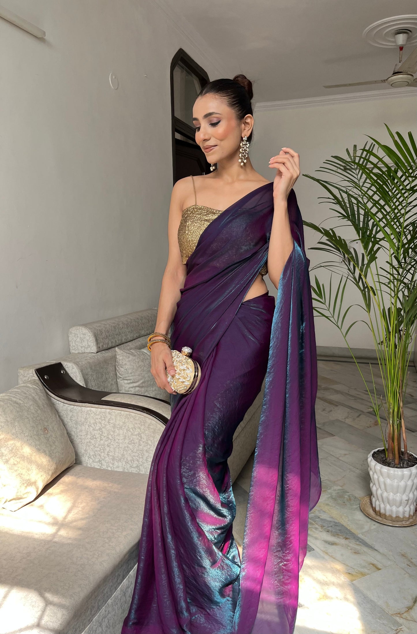 Dhiyona ST Rarity Metallic Satin Saree with Self Blouse Fabric