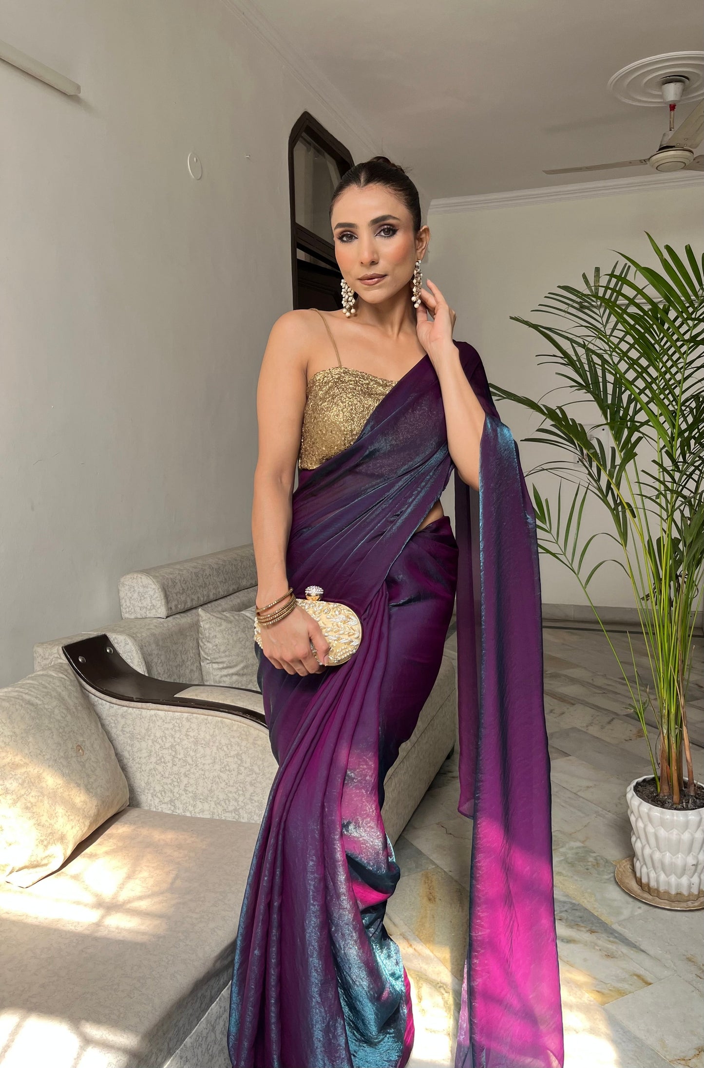 Dhiyona ST Rarity Metallic Satin Saree with Self Blouse Fabric