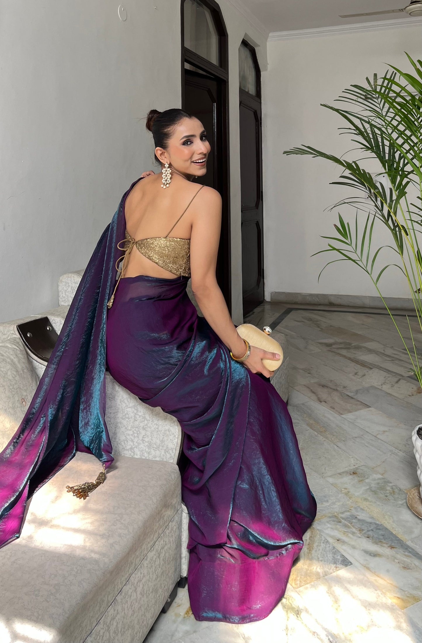 Dhiyona ST Rarity Metallic Satin Saree with Self Blouse Fabric