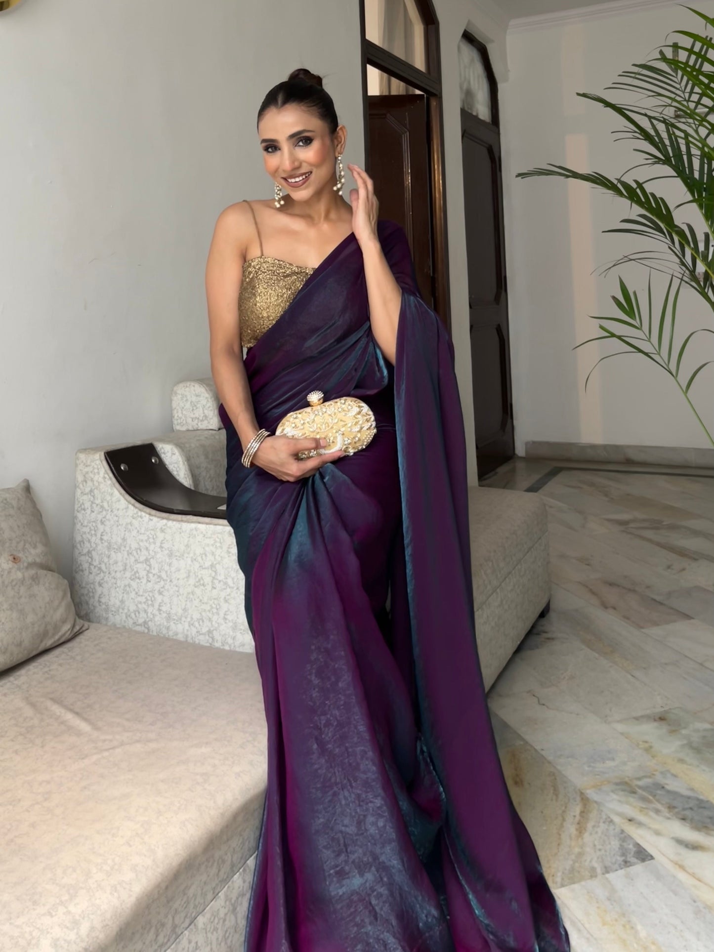 Dhiyona ST Rarity Metallic Satin Saree with Self Blouse Fabric