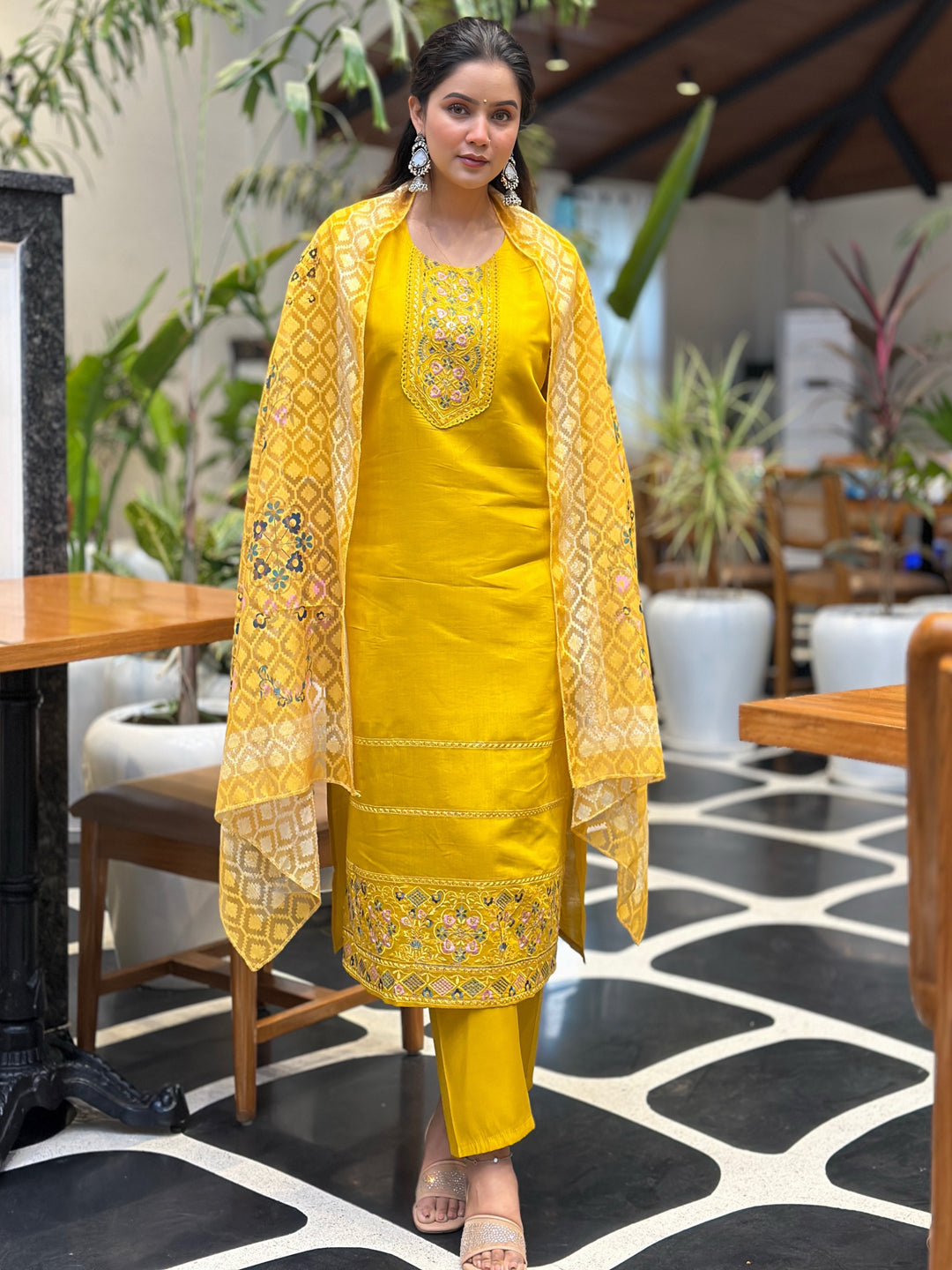 Dhiyona VV Tivra Yellow Women Kurta and Pant Dupatta Sets Silk Fabrics with Embroidery