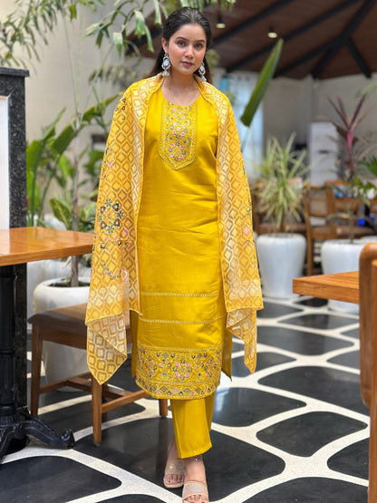 Dhiyona VV Tivra Yellow Women Kurta and Pant Dupatta Sets Silk Fabrics with Embroidery