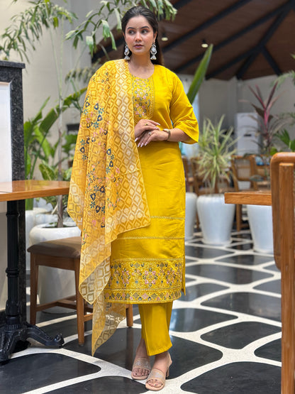 Dhiyona VV Tivra Yellow Women Kurta and Pant Dupatta Sets Silk Fabrics with Embroidery