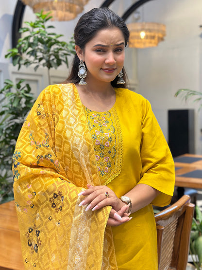 Dhiyona VV Tivra Yellow Women Kurta and Pant Dupatta Sets Silk Fabrics with Embroidery