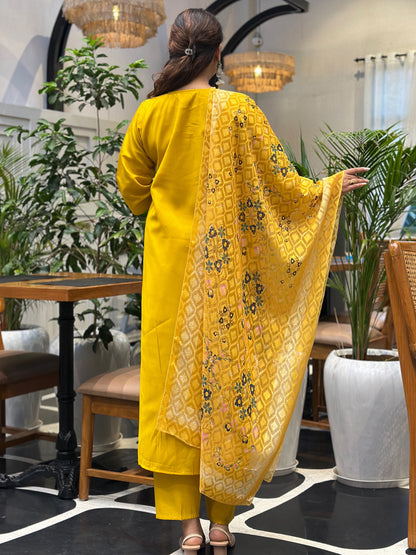 Dhiyona VV Tivra Yellow Women Kurta and Pant Dupatta Sets Silk Fabrics with Embroidery