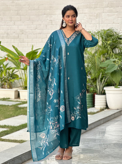 Dhiyona VV Kivra Teal Women Kurta and Pant Dupatta Sets Silk Fabrics with Embroidery