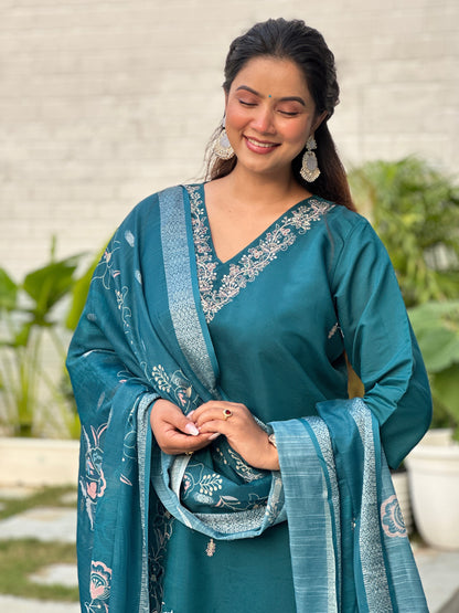 Dhiyona VV Kivra Teal Women Kurta and Pant Dupatta Sets Silk Fabrics with Embroidery