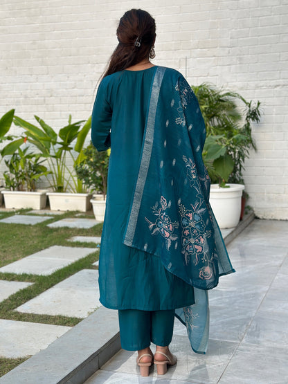 Dhiyona VV Kivra Teal Women Kurta and Pant Dupatta Sets Silk Fabrics with Embroidery