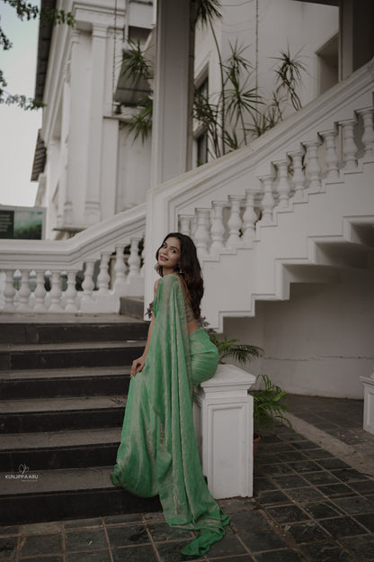 Dhiyona ST Paris Green Paisley Gold Design Chiffon Saree with Beaded Latkan