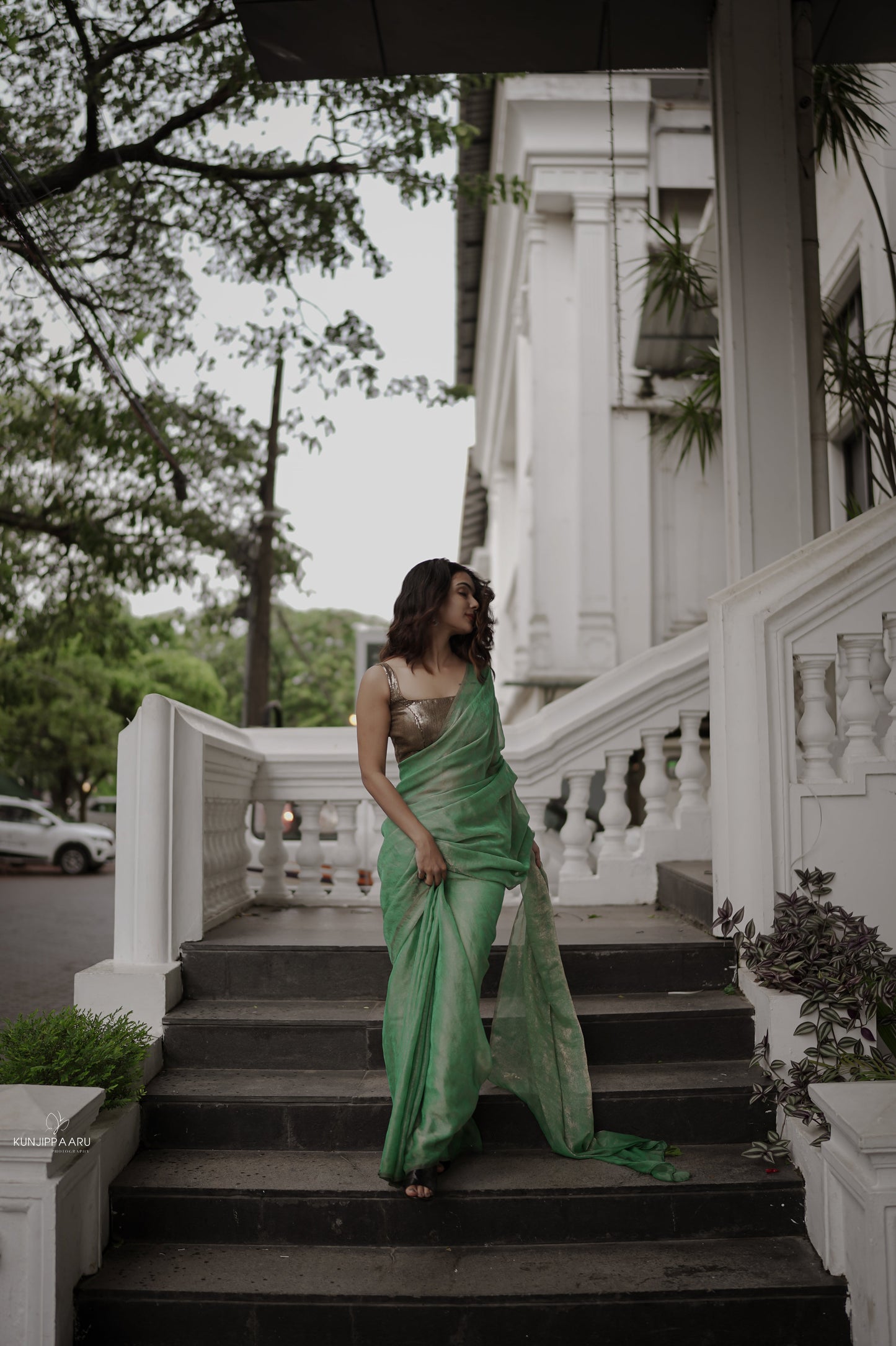 Dhiyona ST Paris Green Paisley Gold Design Chiffon Saree with Beaded Latkan