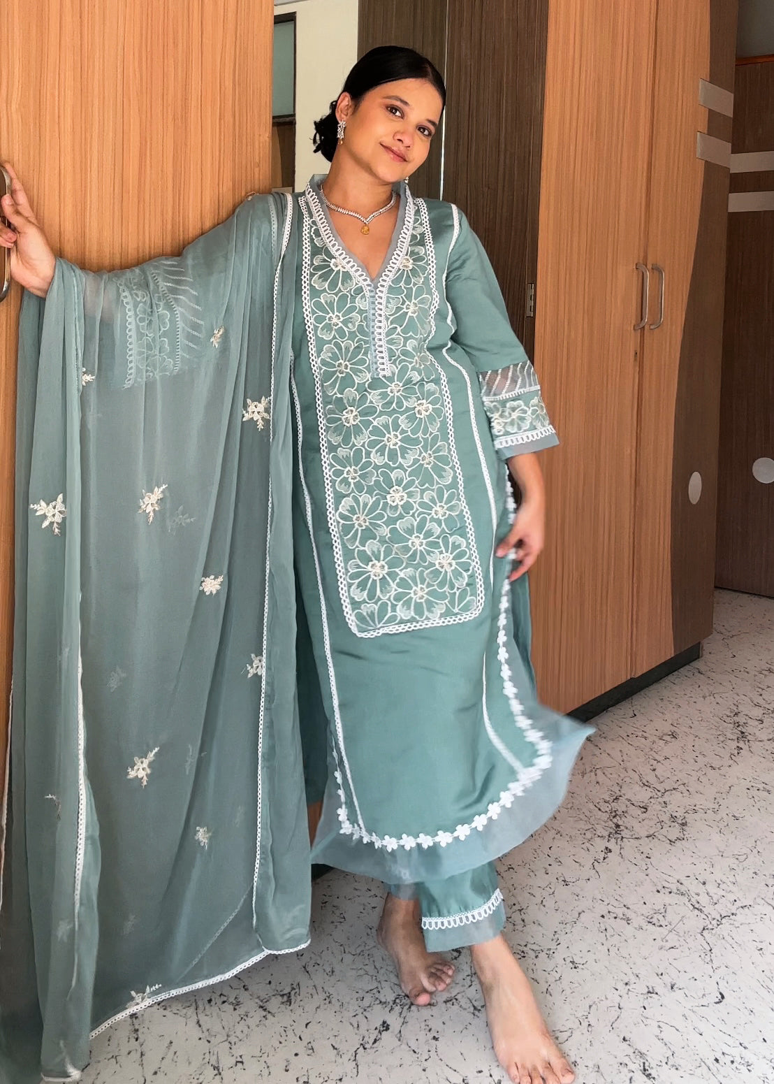 RIMJHIM TEAL EMBROIDERED SUIT SET