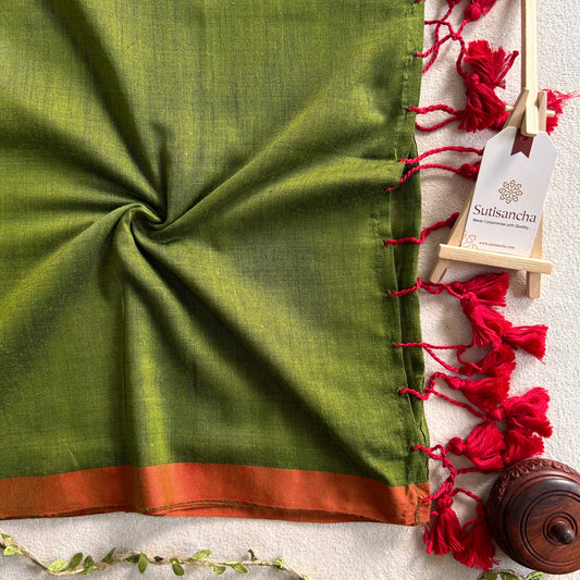 Dhiyona SS Sutisancha Mehndi & Red Border Handloom Saree
