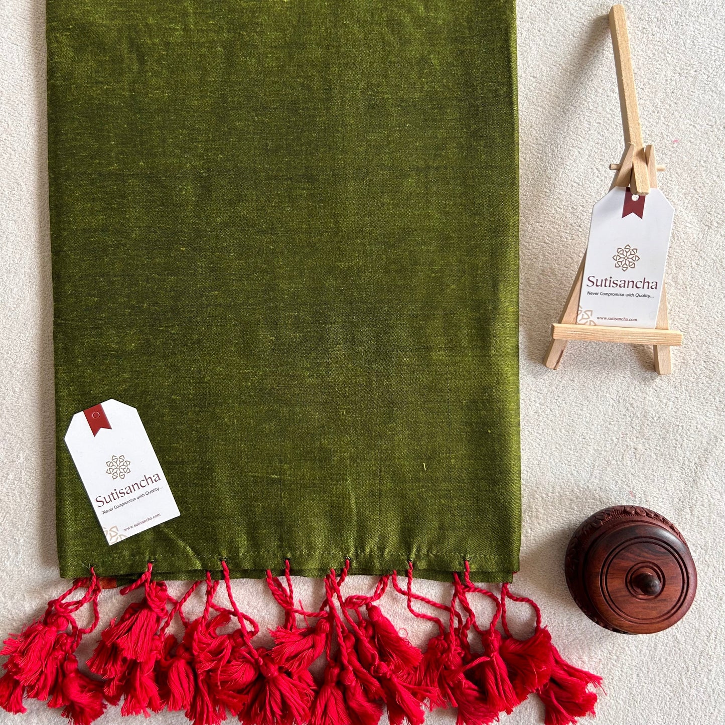 Dhiyona SS Sutisancha Mehndi & Red Border Handloom Saree