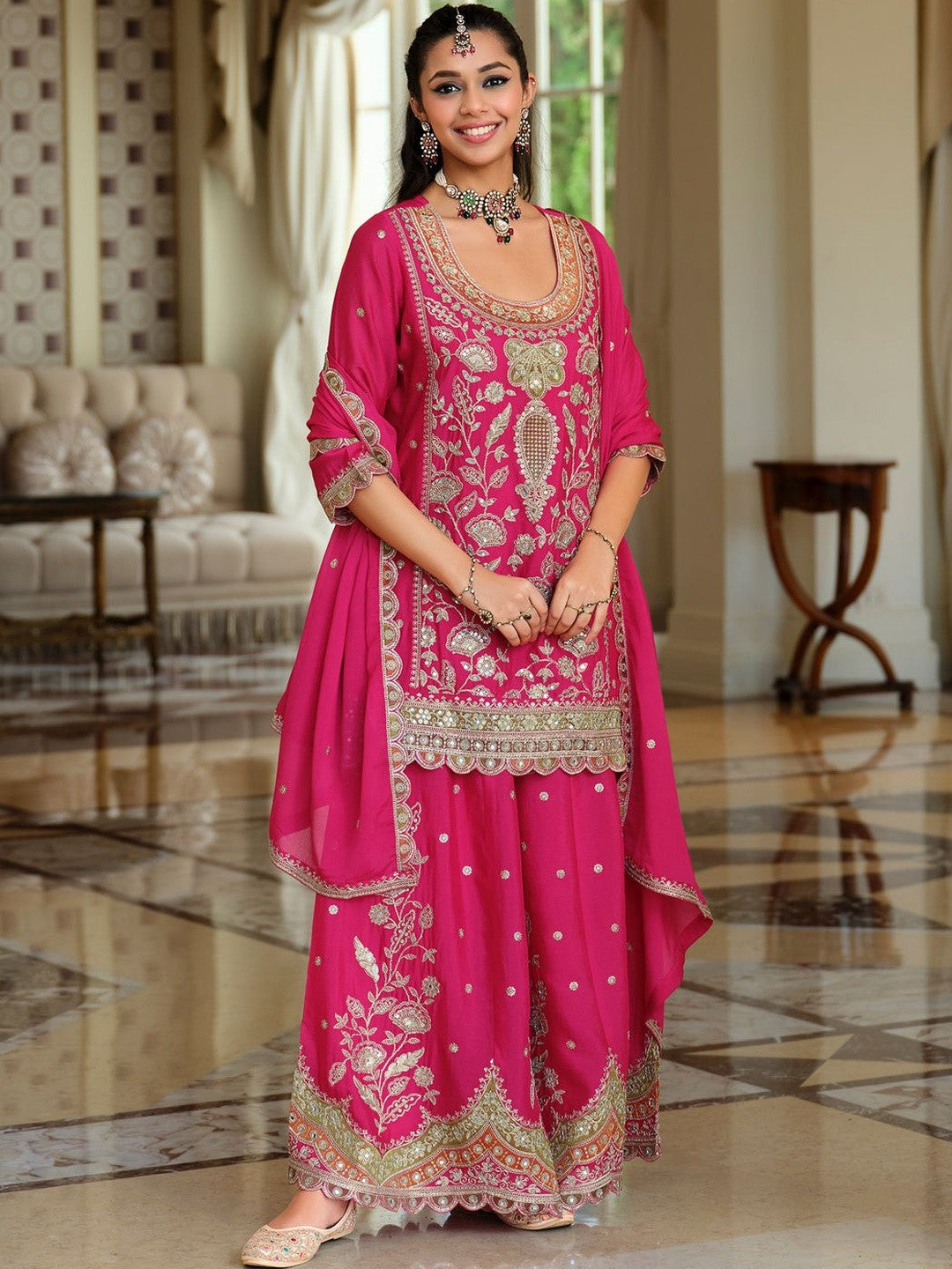Women Ethnic Motifs Embroidered Round Neck Kurta with Sharara & Dupatta