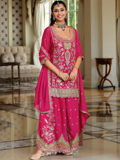 Women Ethnic Motifs Embroidered Round Neck Kurta with Sharara & Dupatta