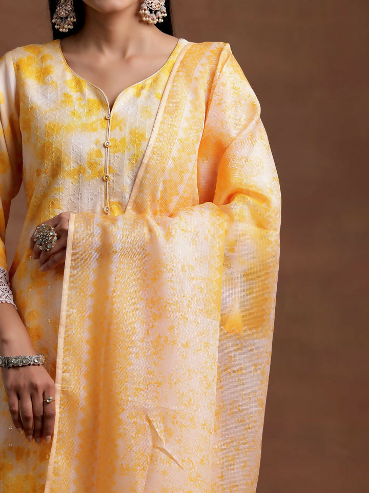 Women's LB Yellow Embroidered Cotton Blend Straight Suit With Dupatta