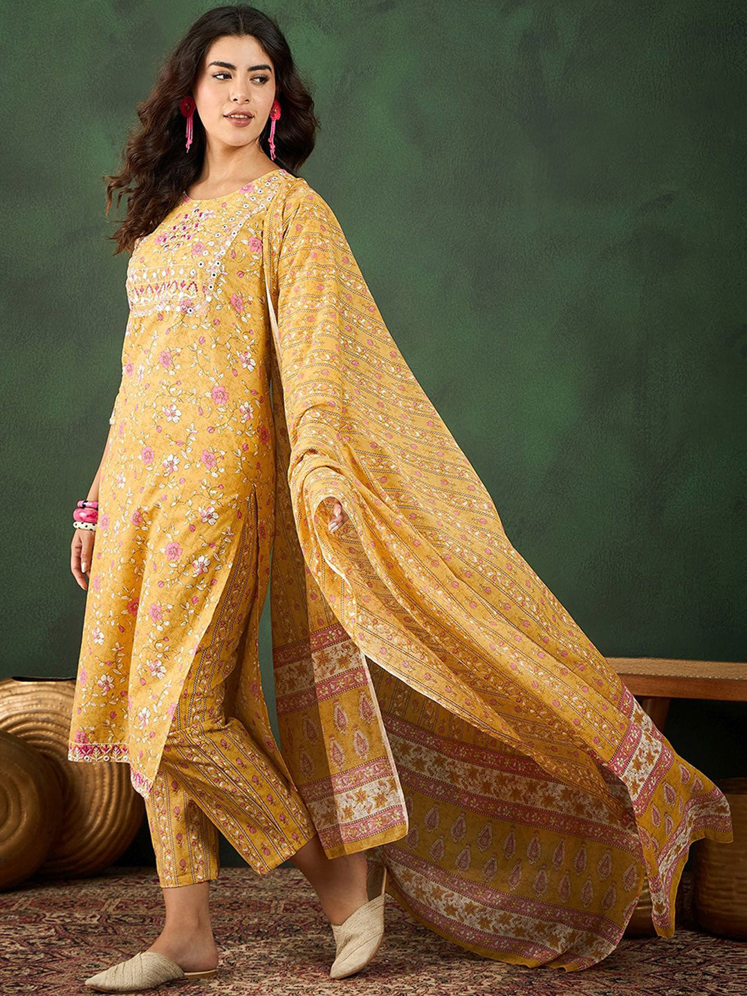 Printed & Thread Work Pure Cotton Kurta With Trousers & Dupatta Set