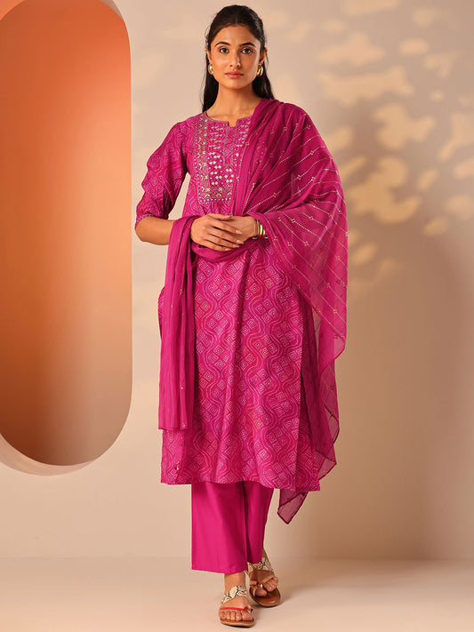 Bandhani Printed Notch Neck Straight Kurta With Trousers & Dupatta