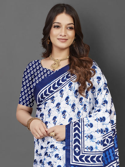 Women's Dola Silk White Printed Designer Saree With Blouse Piece