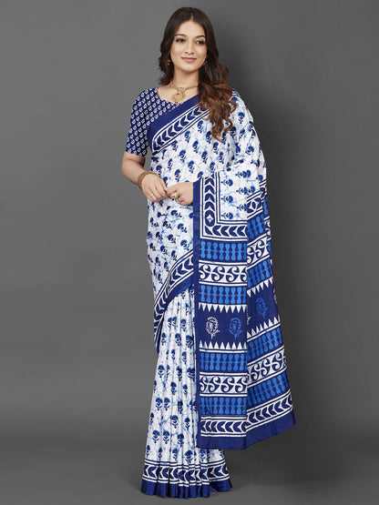 Women's Dola Silk White Printed Designer Saree With Blouse Piece