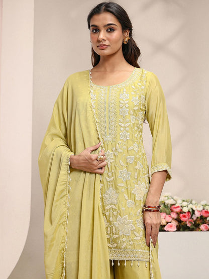 Yellow Floral Embellished Chinon Straight Suit Set with Dupatta