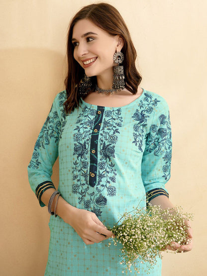 Dhiyona AN Sea Green Floral Printed Pure Cotton Straight Kurta With Sharara
