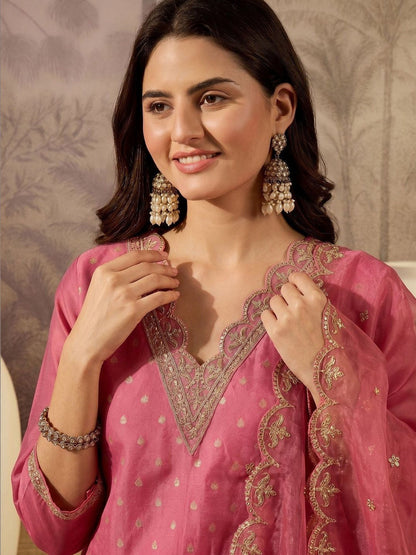 Printed V-Neck Kurta & Trousers With Dupatta