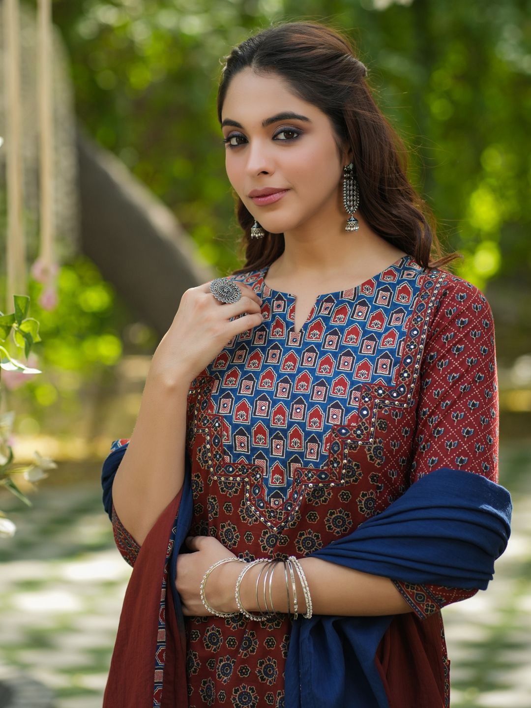 Dhiyona RR Women's Ethnic Motifs Printed Sequinned Pure Cotton Kurta with Trousers & Dupatta