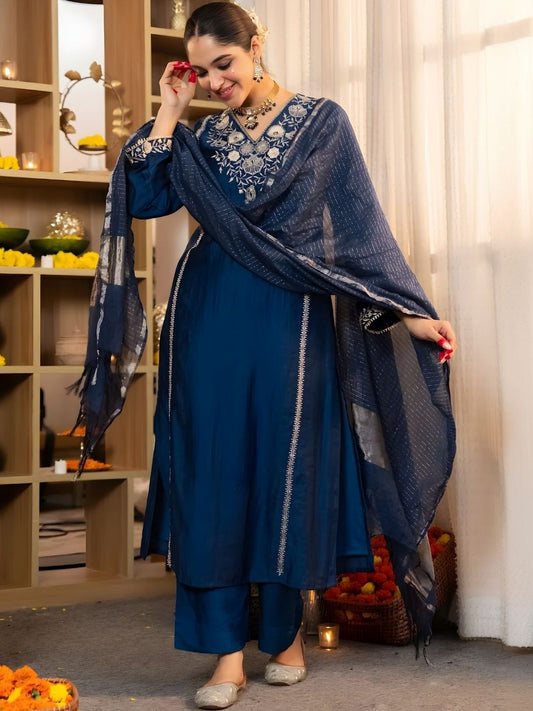 Dhiyona KL Women Ethnic Motifs Embroidered Regular Thread Work Kurta with Palazzos & With Dupatta
