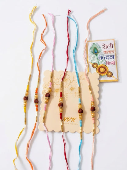 Dhiyona Set Of 6 Rudraksh & Artificial Beads Thread Rakhi With Roli Chawal Chandan Mishri