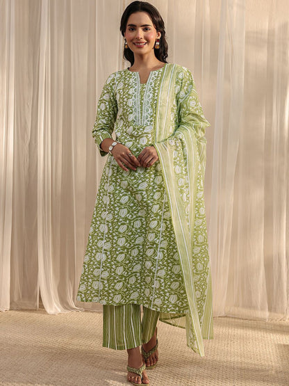 Libas Green Floral Printed Cotton A-Line Suit Set with Dupatta