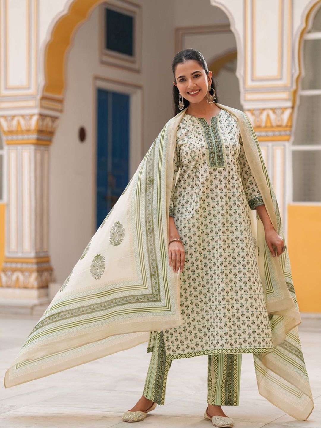 Dhiyona RR Women's Printed Sequinned Pure Cotton Kurta with Trousers & Dupatta