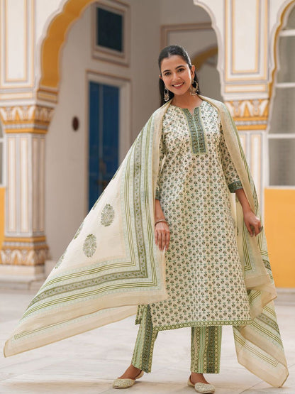 Dhiyona RR Women's Printed Sequinned Pure Cotton Kurta with Trousers & Dupatta