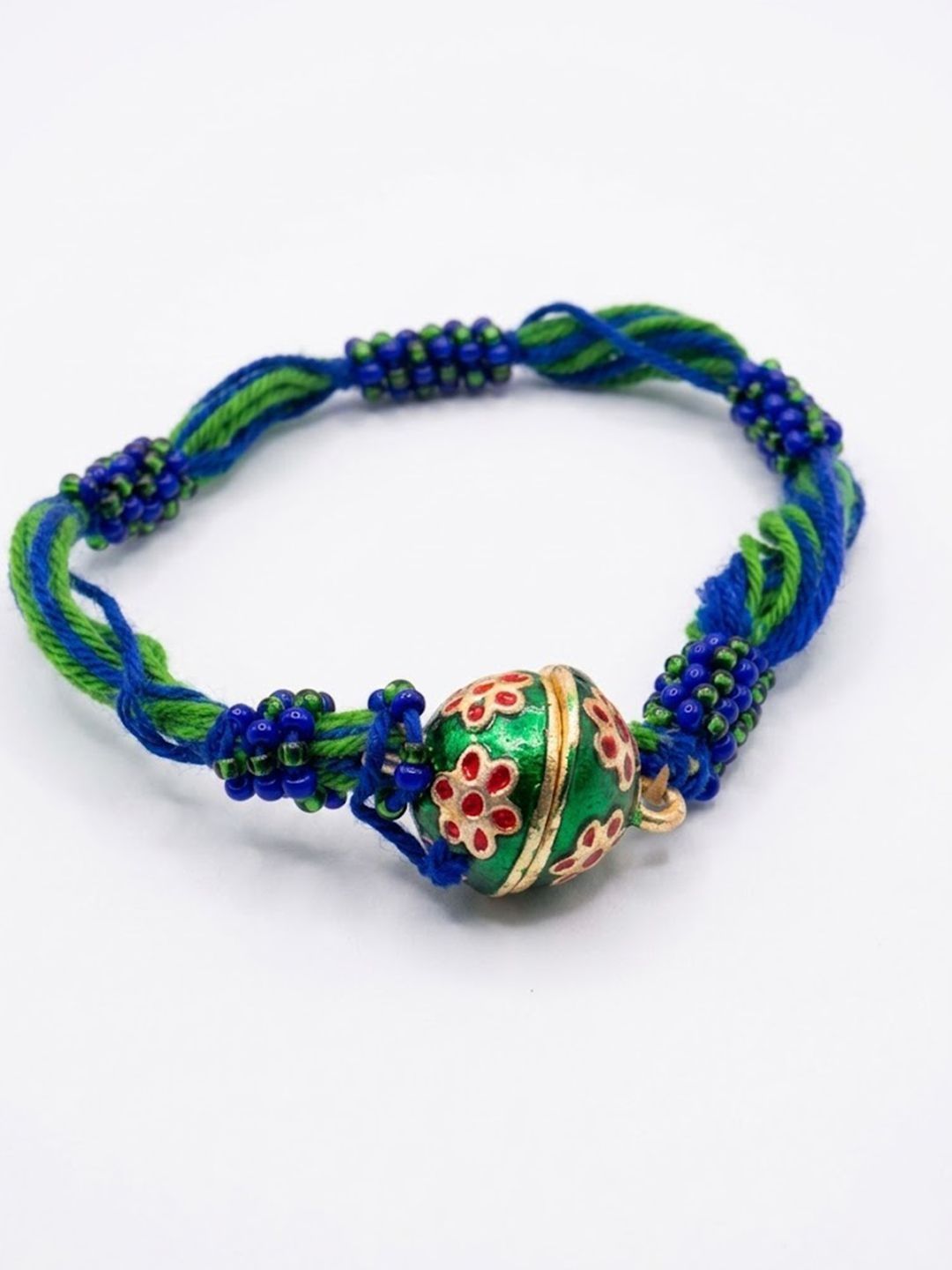 Dhiyona Magnetic Opening Blue Meenakari Work Thread Rakhi With Roli Chawal Chandan Mishri