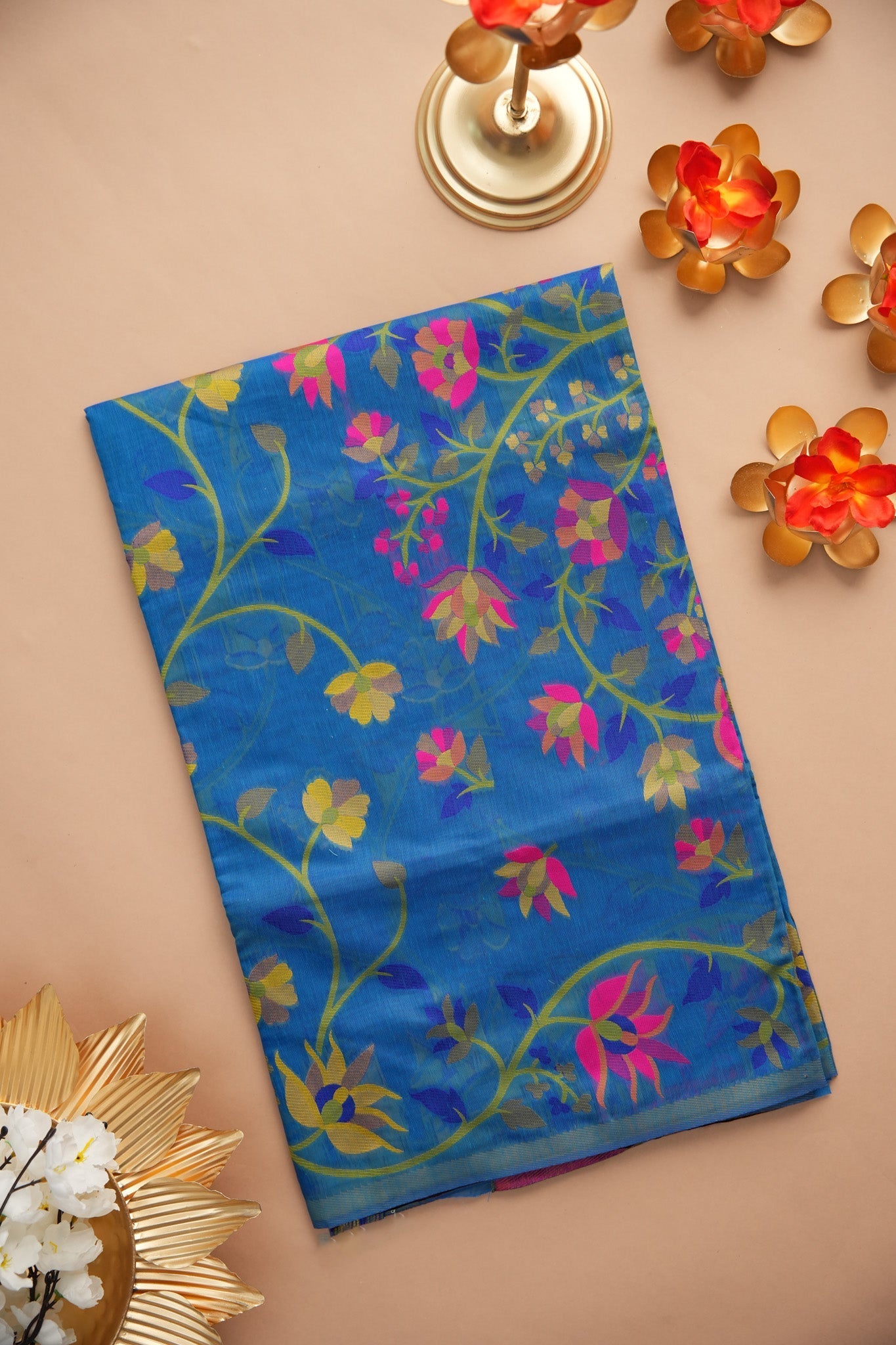 Dhiyona GR Women's Kavya Gypsy Glam Blue Cotton Jamdani Saree